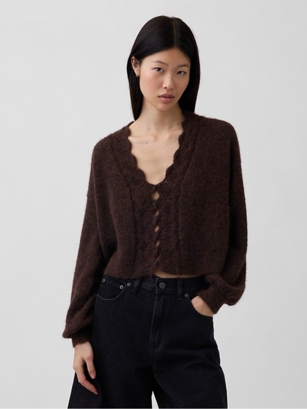 GAP Terra Brown Fuzzy Pointelle Scalloped Crop Cardigan